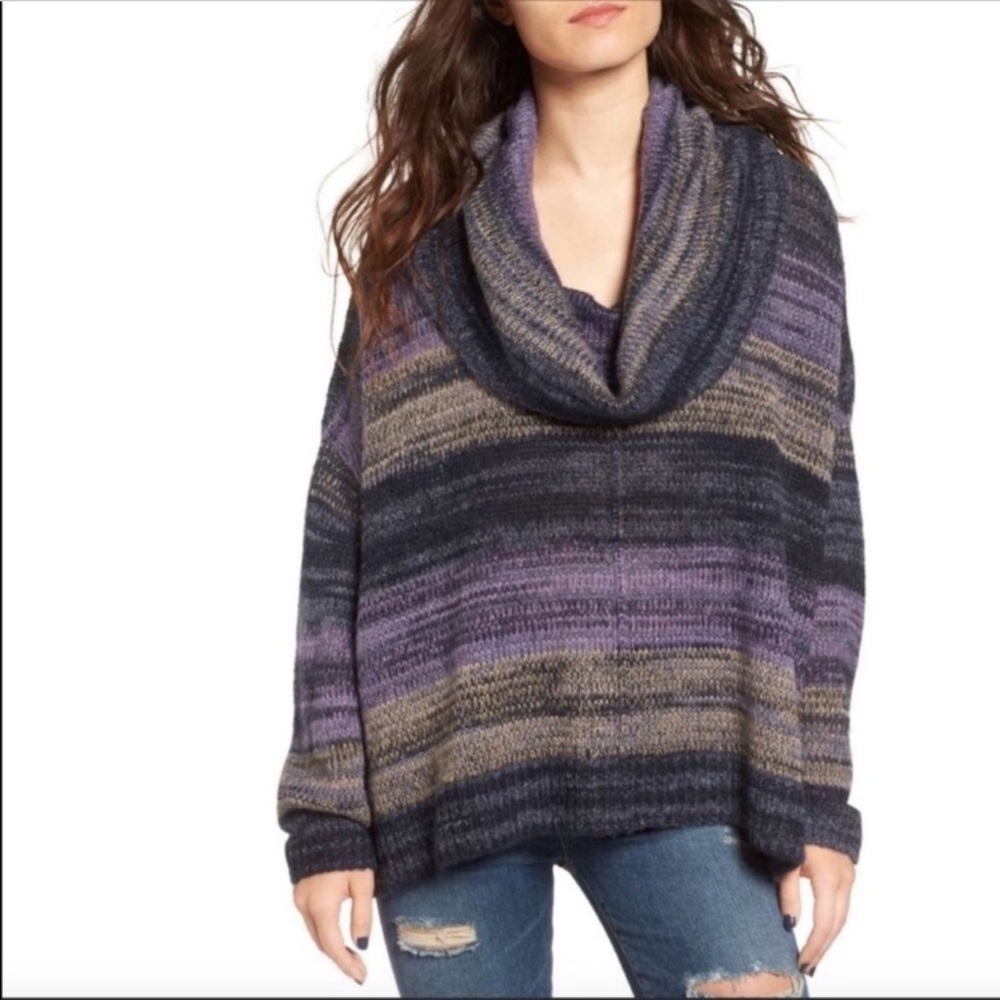 Sun & Shadow Purple Striped Wool Blend Cowl Neck Long Sleeve Sweater
